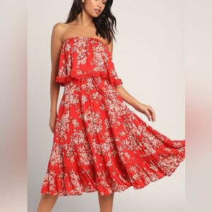 Lulu's Beachy Bliss Red Floral Strapless Midi Dress size Large